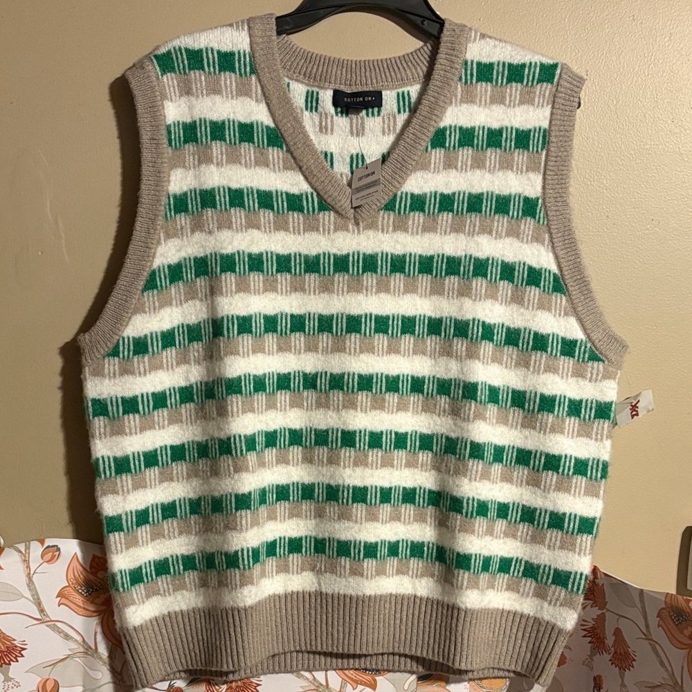 Cotton On V-Neck Sweater Vest in Green, White, and Tan Stripes